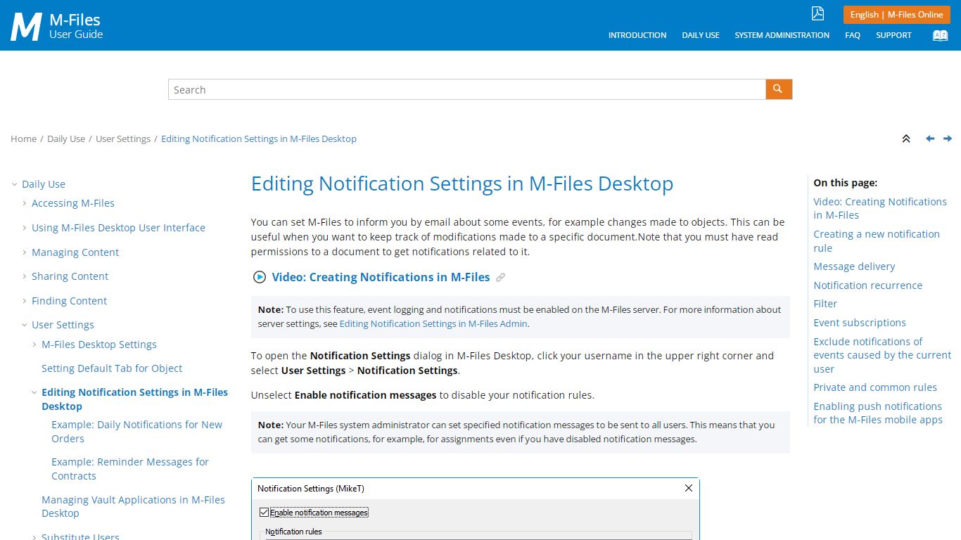 Editing Notification Settings in M-Files Desktop